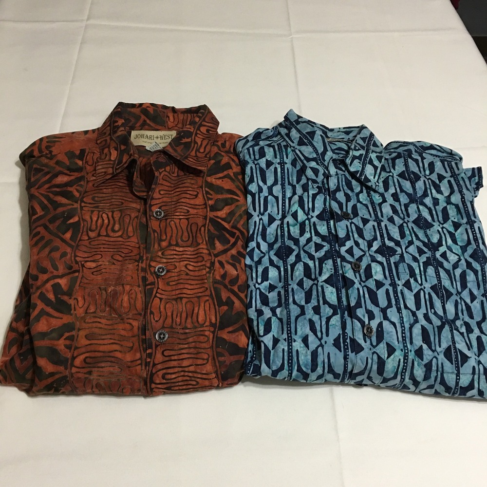 Lot of 2 Johari West Mens Short Sleeve Hawaiian Shirt XLT Blue Orange Batik